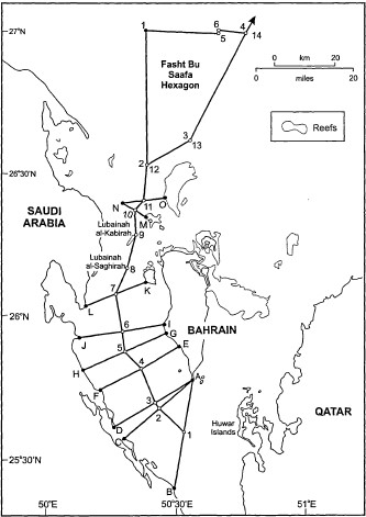מפה 3: סקיצה של תיחום הגבולות בין בחריין לערב הסעודית. (מקור:Blake 1991)