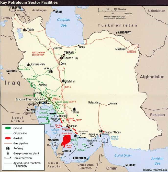 מפה 4: מפה פוליטית איראן-קטר עם סימון מאגרי הנפט והגז המרכזיים (מקור: CIA World Fact Book)