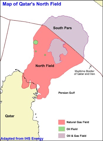 מפה 5: המאגר המשותף לקאטר ואיראן והגבול הימי המוסכם  (מקור: U.S. Energy Information Administration)