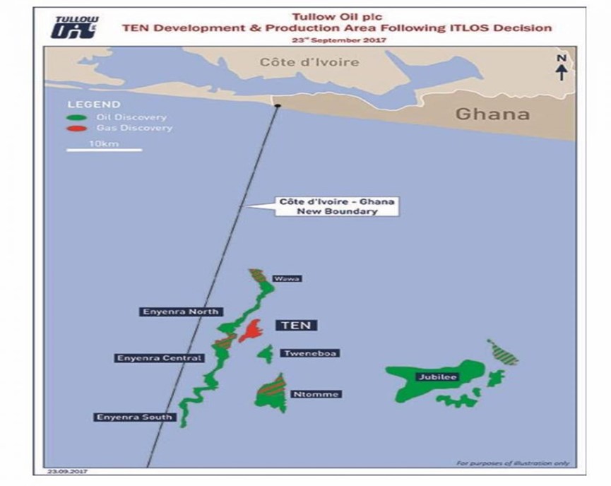 מפה 6: המאגר בזמן המחלוקת בין חוף השנהב–גאנה וקו התיחום כפי נקבע על ידי ההרכב המיוחד (Tullow Oil, 2017)